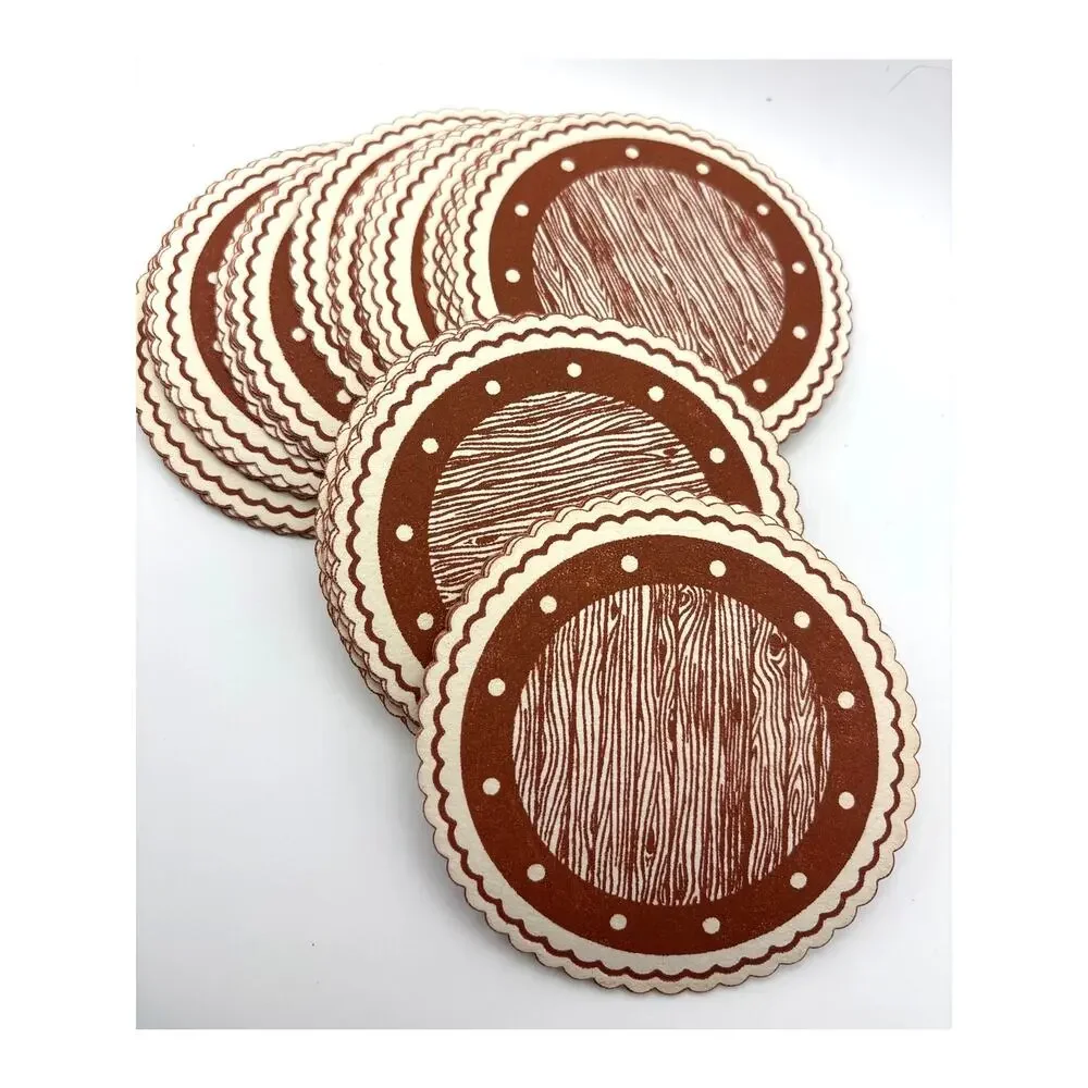 Vintage Paper Coasters Faux Wood Grain Design Scalloped Edge 1970s MCM Set of 58